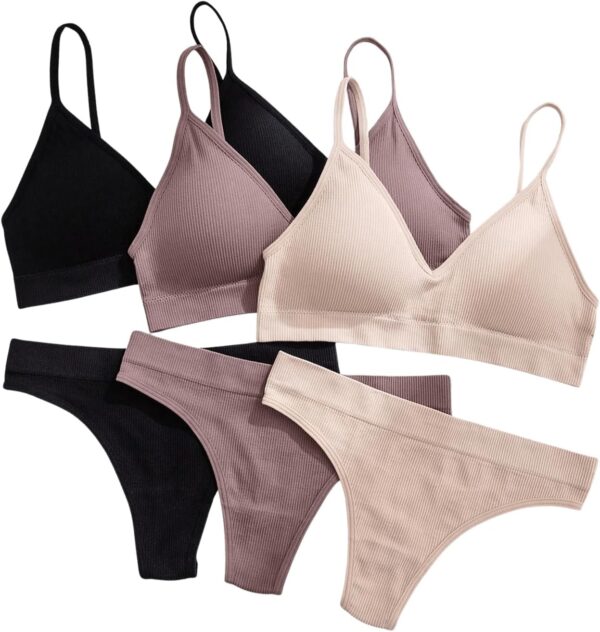 Women 6 Piece Ribbed Knit Lingerie Sets Seamless Wireless No Show Bra and Panty Thong Sets Matching Underwear Sets