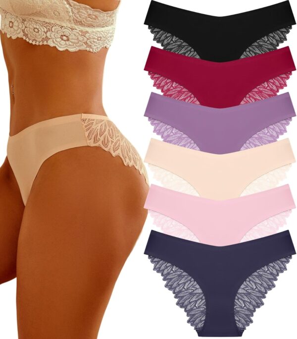 6 Pack Sexy Underwear for Women Silky Seamless No Show Panties Ladies Lace Bikini Lightweight  Hipster