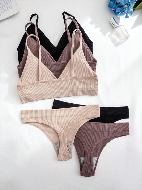 Women 6 Piece Ribbed Knit Lingerie Sets Seamless Wireless No Show Bra and Panty Thong Sets Matching Underwear Sets - Image 2