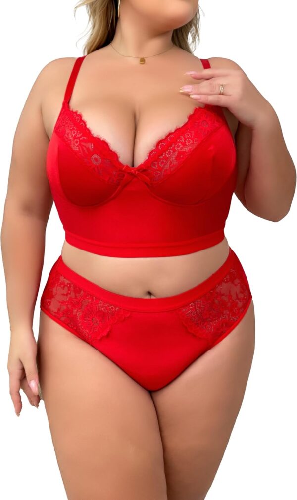 Women Plus Size 2 Piece Lingerie Set Floral Sexy Mesh Sheer V Neck 3/4 Cup Lace Outfits See Through Panty Bra - Image 2